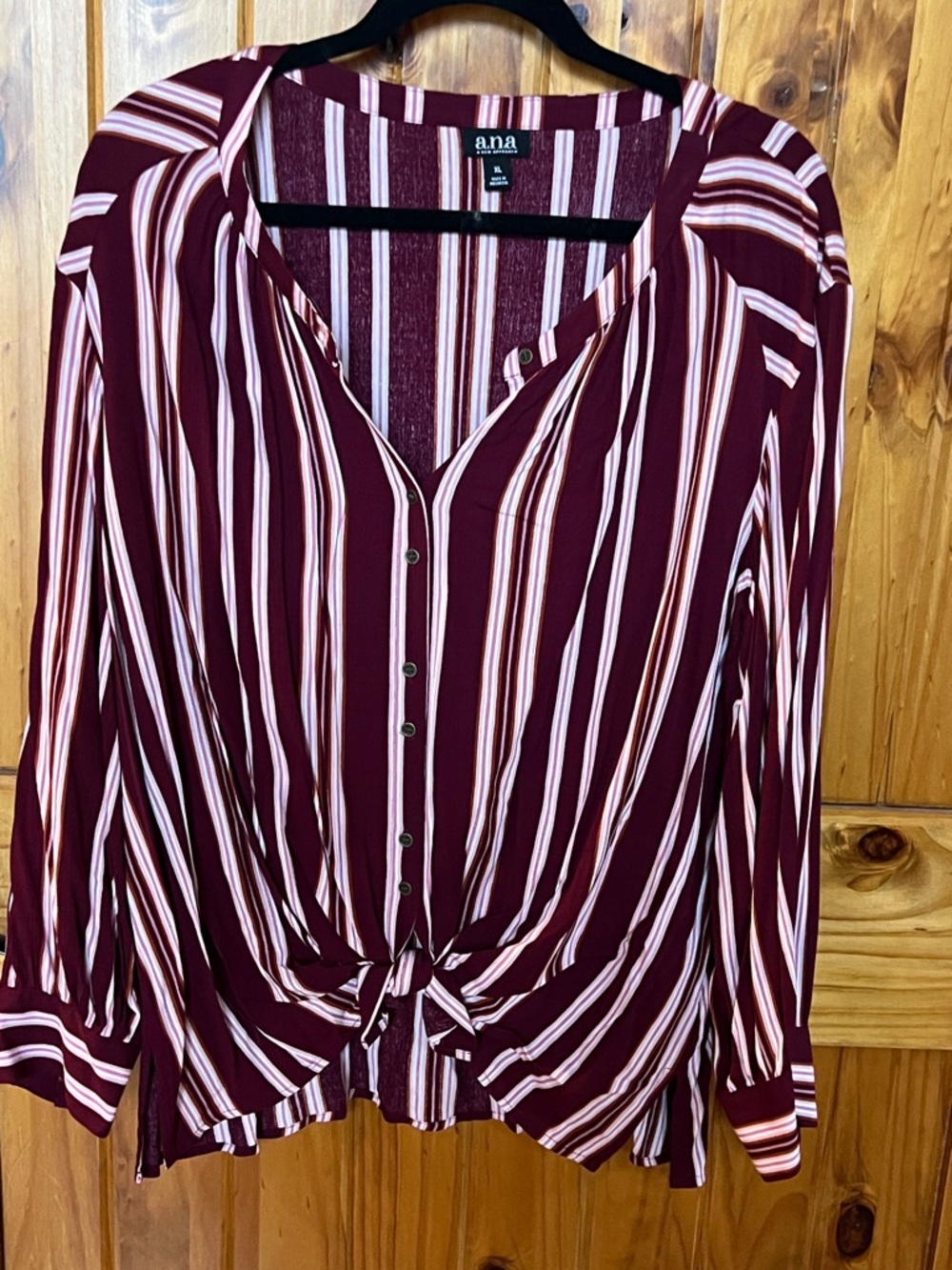 a.n.a Burgundy and White Striped Button-Front Tie-Hem Shirt